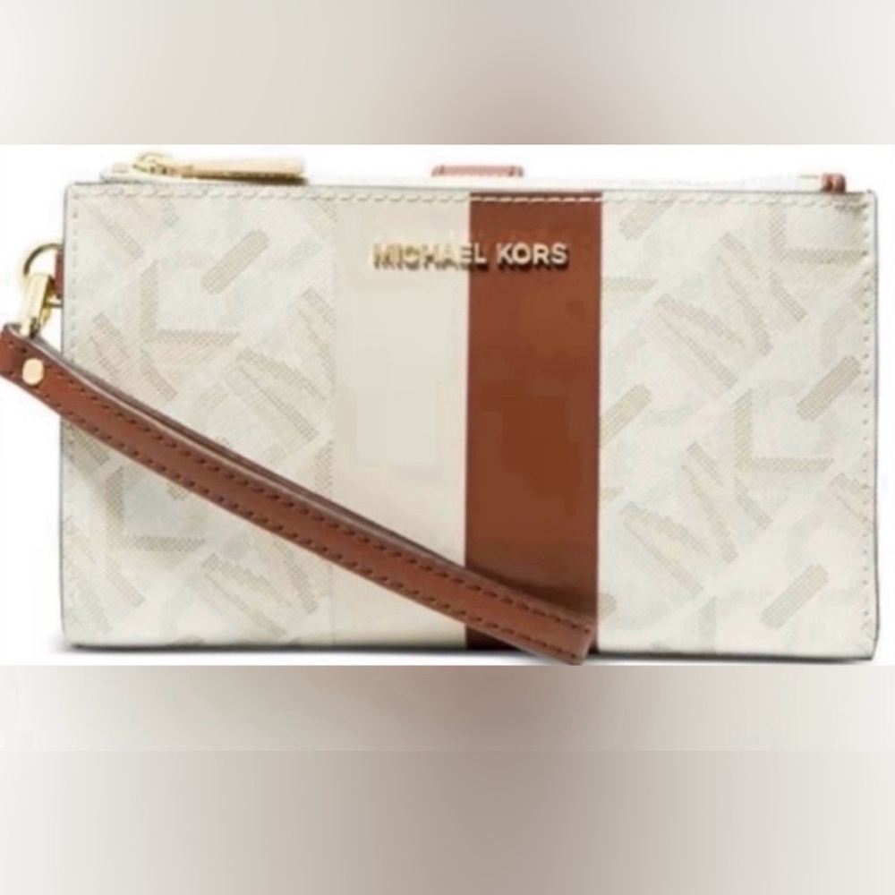 New Michael Michael Kors Jet Set Logo Double zip Vanilla/Luggage wristlet